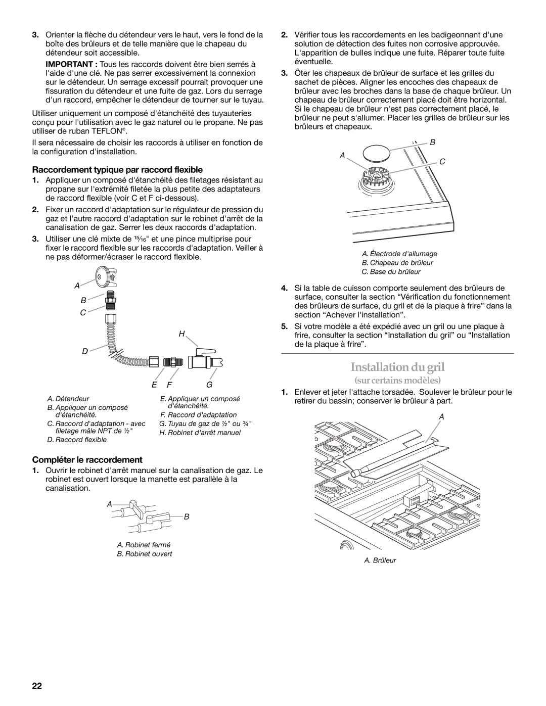 KitchenAid KGCP484KSS Installation du gril, Raccordement typique par raccord flexible, Compléter le raccordement 