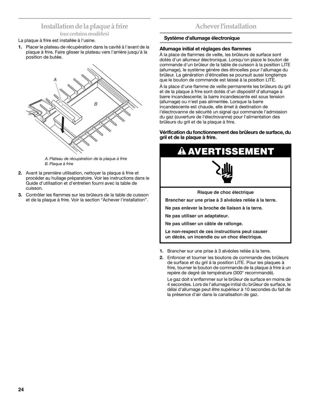 KitchenAid KGCP484KSS installation instructions Installation dela plaqueà frire, Acheverlinstallation 