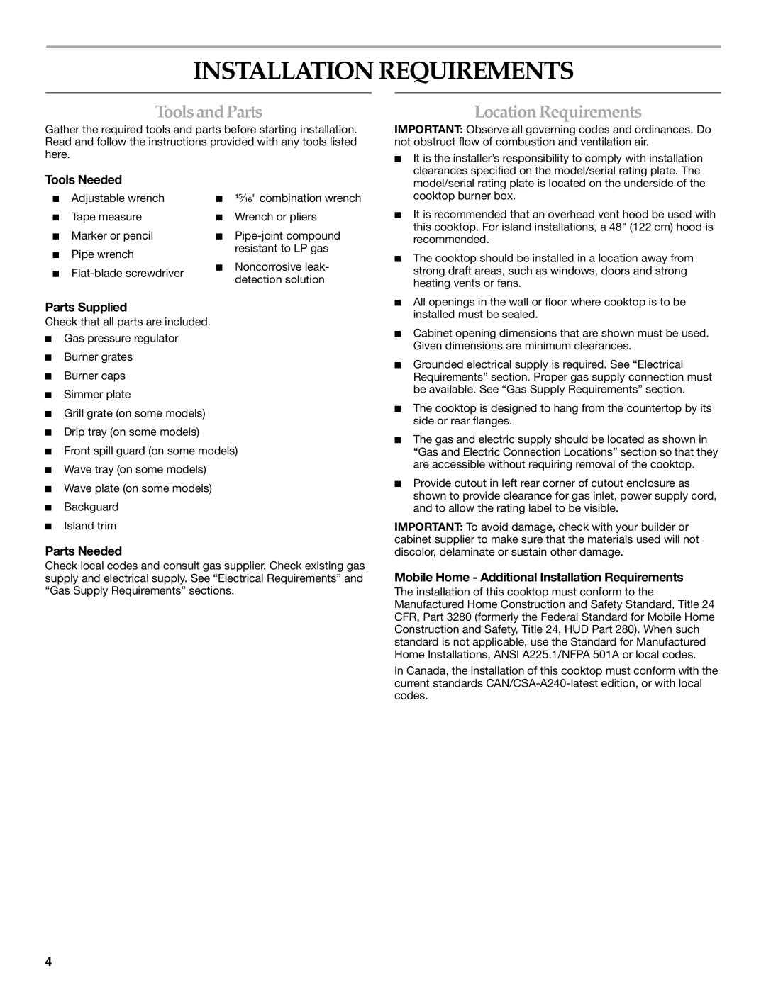 KitchenAid KGCP484KSS installation instructions Installation Requirements, Toolsand Parts, Location Requirements 