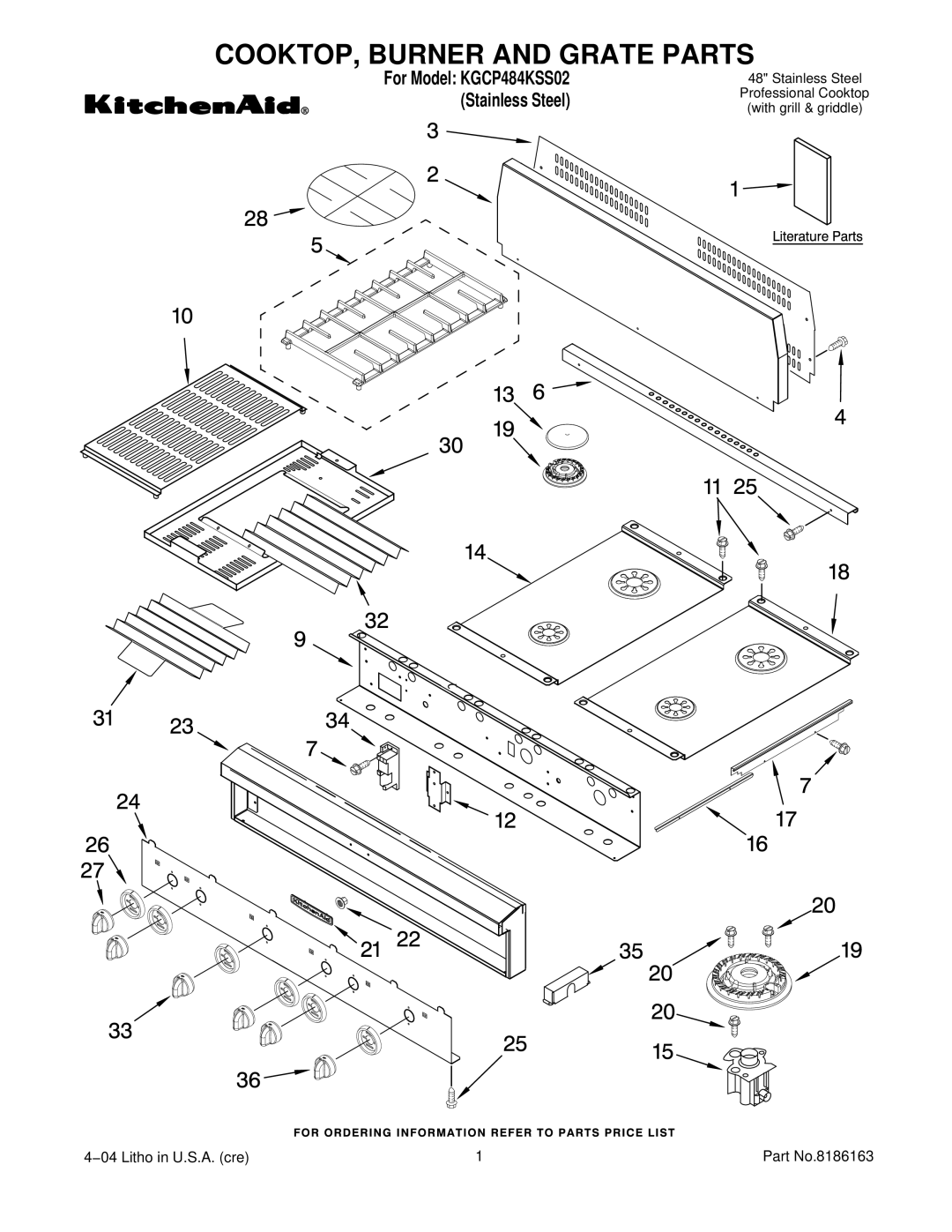 KitchenAid KGCP484KSS02 manual COOKTOP, Burner and Grate Parts 