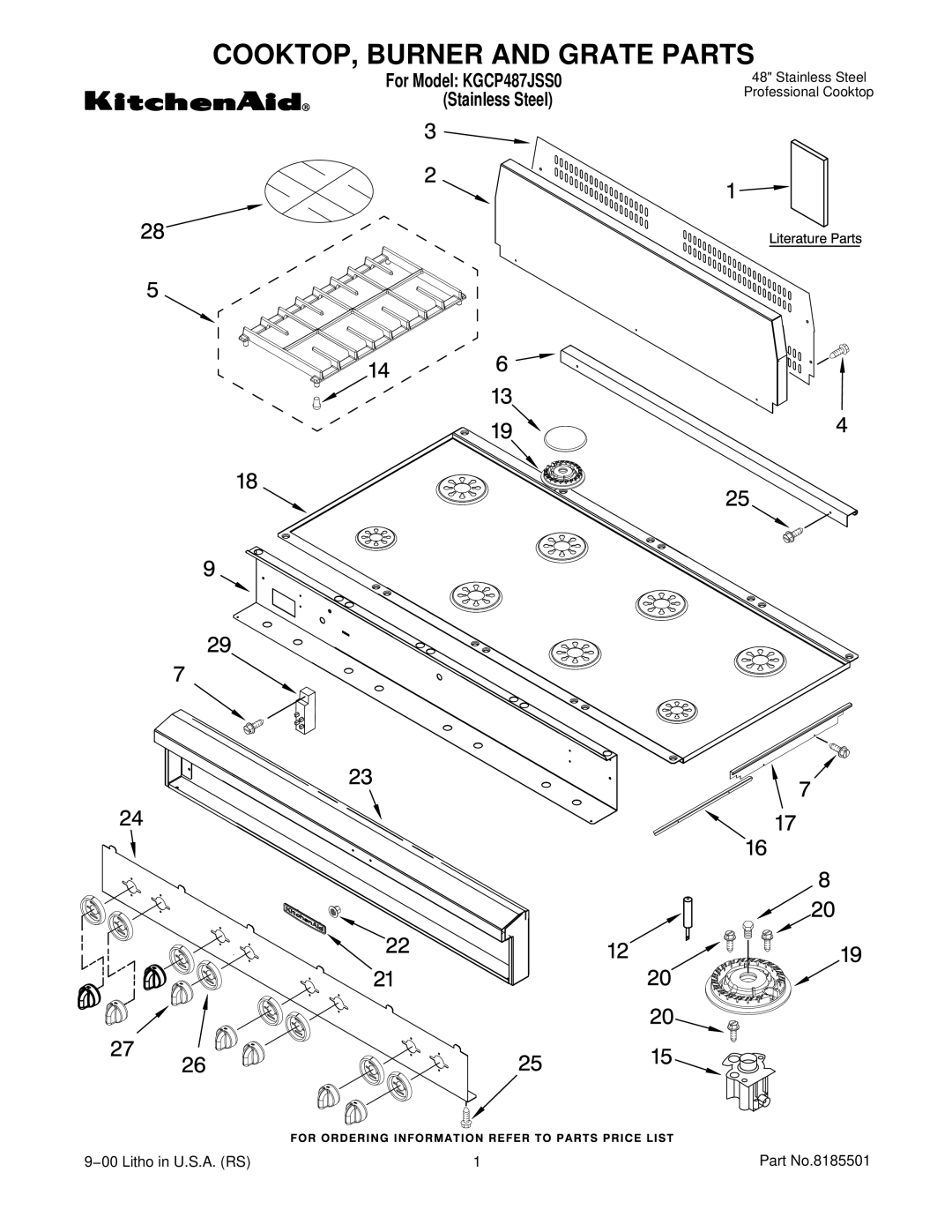 KitchenAid KGCP487JSS0 manual COOKTOP, Burner and Grate Parts 