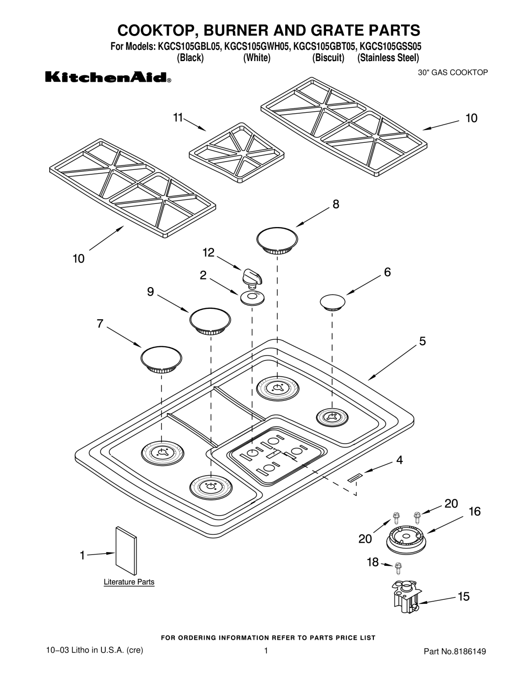 KitchenAid KGCS105GBT05, KGCS105GSS05, KGCS105GBL05, KGCS105GWH05 manual COOKTOP, Burner and Grate Parts 