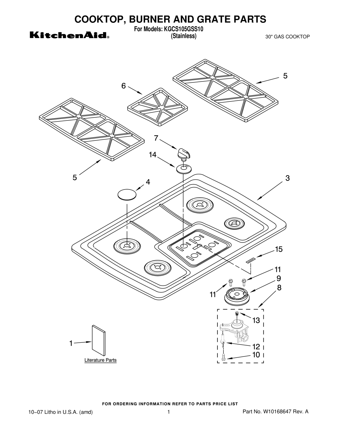 KitchenAid KGCS105GSS10 manual COOKTOP, Burner and Grate Parts 