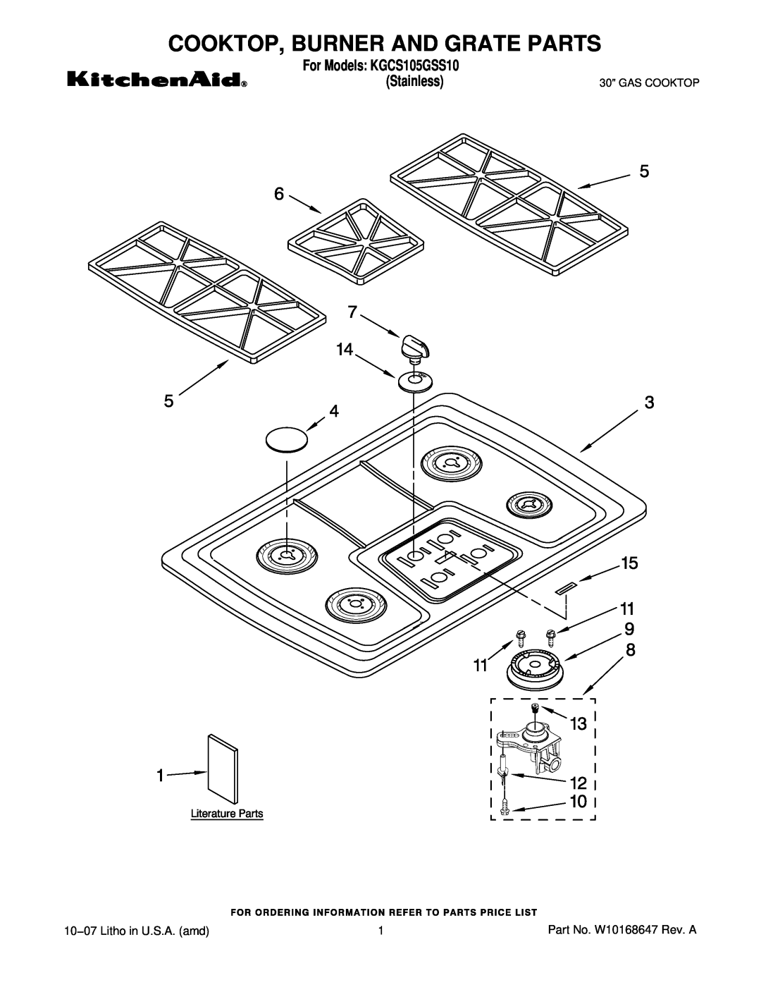 KitchenAid KGCS105GSS10 manual Cooktop, Burner And Grate Parts, 10−07 Litho in U.S.A. amd, Gas Cooktop 