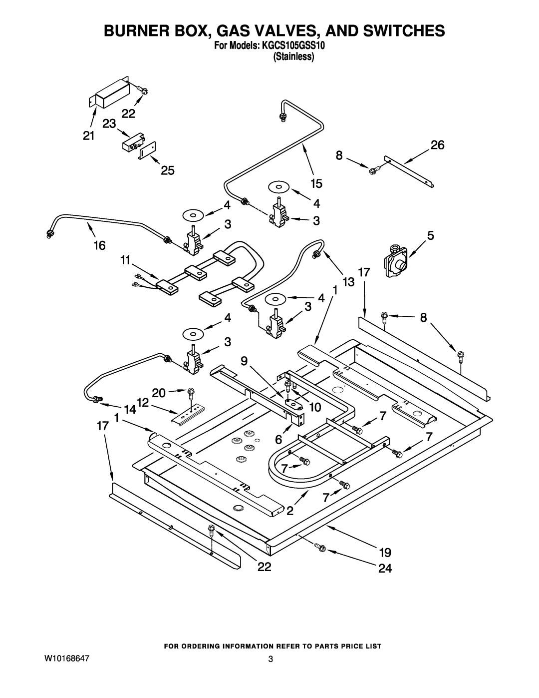 KitchenAid manual Burner Box, Gas Valves, And Switches, W10168647, For Models KGCS105GSS10 Stainless 