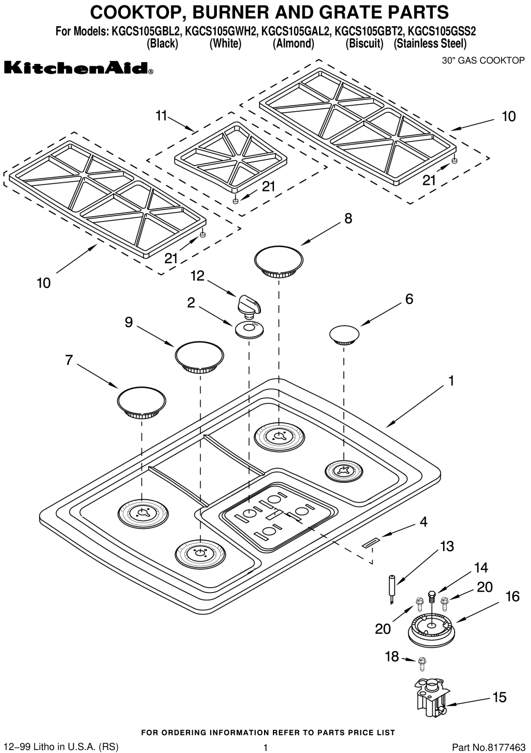 KitchenAid KGCS105GBT2, KGCS105GSS2, KGCS105GBL2, KGCS105GAL2, KGCS105GWH2 manual COOKTOP, Burner and Grate Parts 