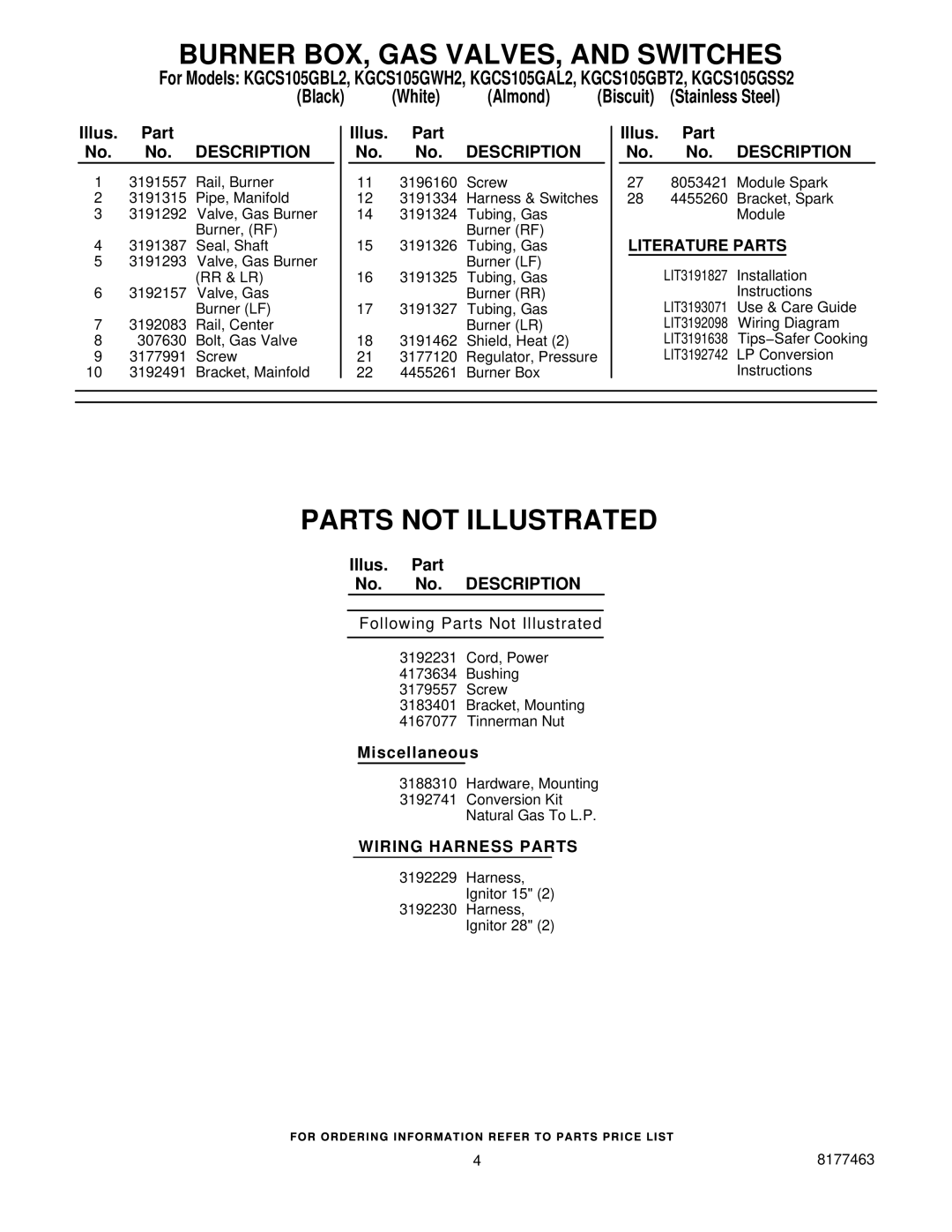 KitchenAid KGCS105GWH2, KGCS105GSS2, KGCS105GBT2, KGCS105GBL2, KGCS105GAL2 manual Parts not Illustrated, Literature Parts 