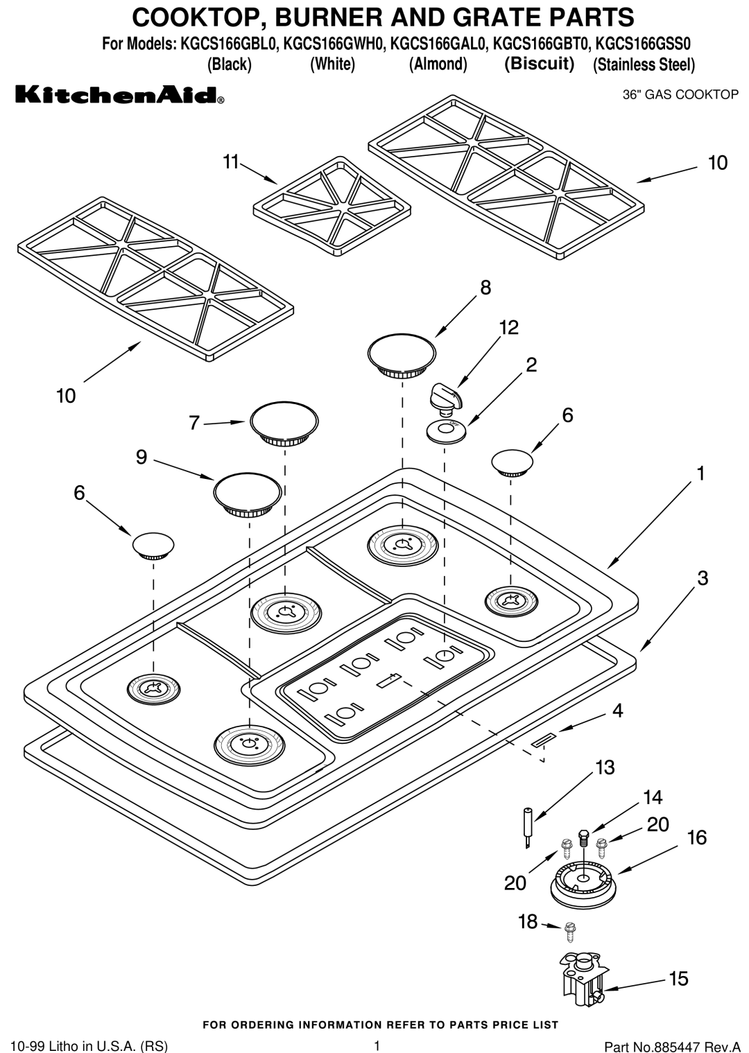 KitchenAid KGCS166GWH0, KGCS166GSS0, KGCS166GBL0, KGCS166GBT0, KGCS166GAL0 manual COOKTOP, Burner and Grate Parts 