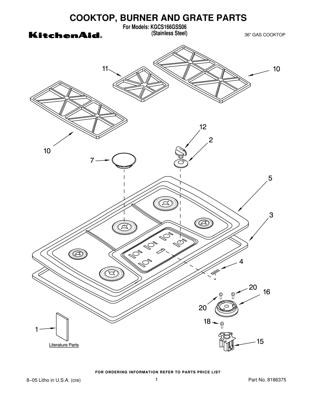 KitchenAid KGCS166GSS06 manual COOKTOP, Burner and Grate Parts 