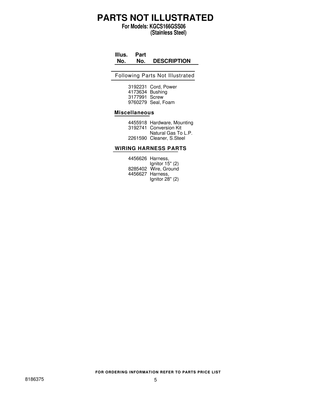 KitchenAid KGCS166GSS06 manual Parts not Illustrated 