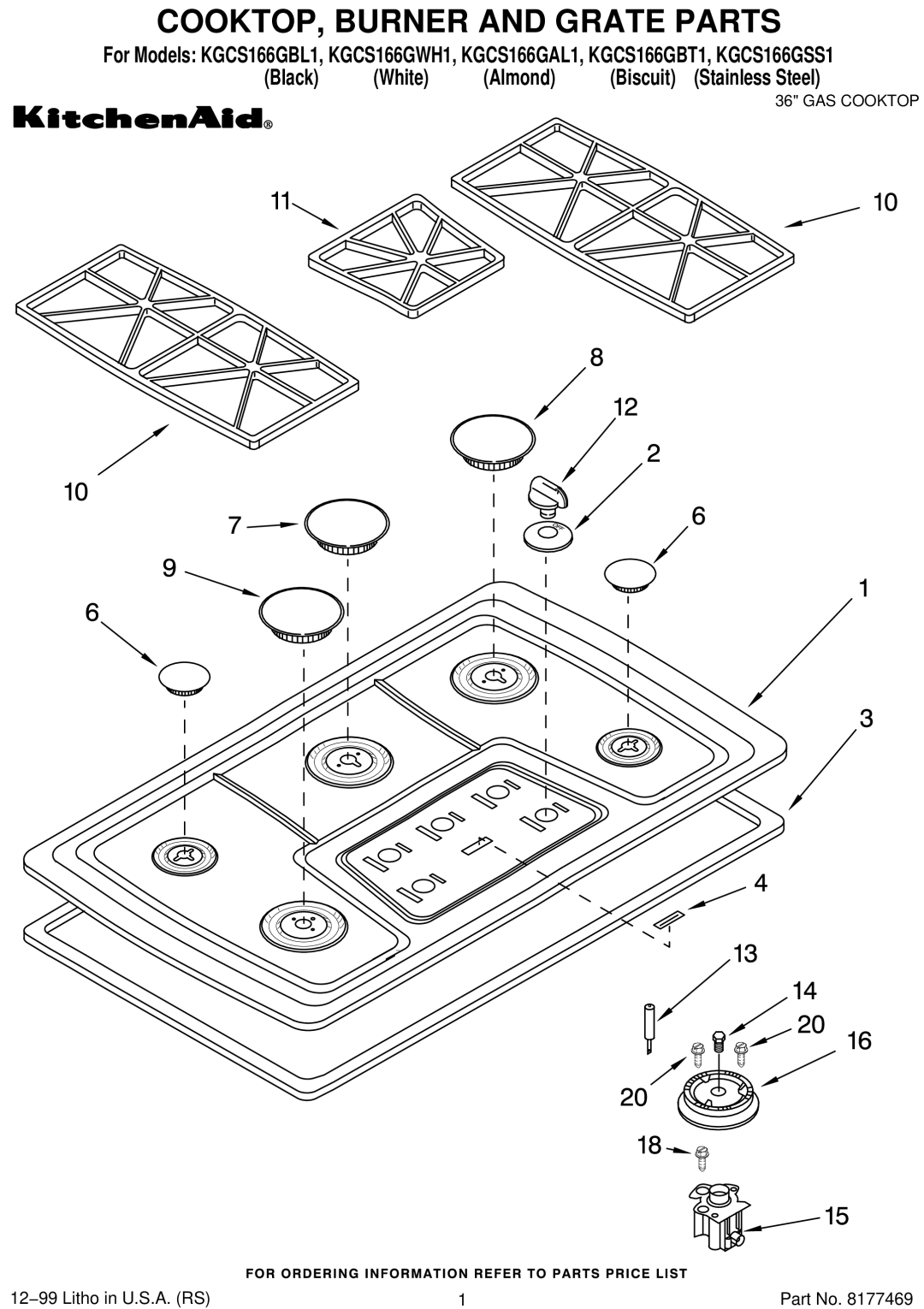 KitchenAid KGCS166GWH1, KGCS166GSS1, KGCS166GBL1, KGCS166GBT1, KGCS166GAL1 manual COOKTOP, Burner and Grate Parts 