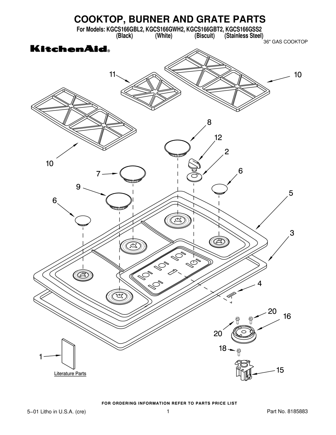 KitchenAid KGCS166GWH2, KGCS166GSS2, KGCS166GBL2, KGCS166GBT2 manual COOKTOP, Burner and Grate Parts 