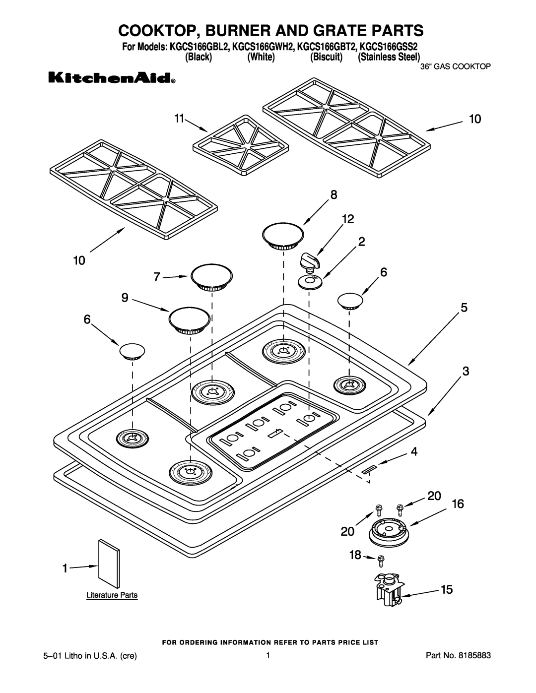 KitchenAid KGCS166GWH2 manual Cooktop, Burner And Grate Parts, Black, White, Biscuit, Stainless Steel, Gas Cooktop 