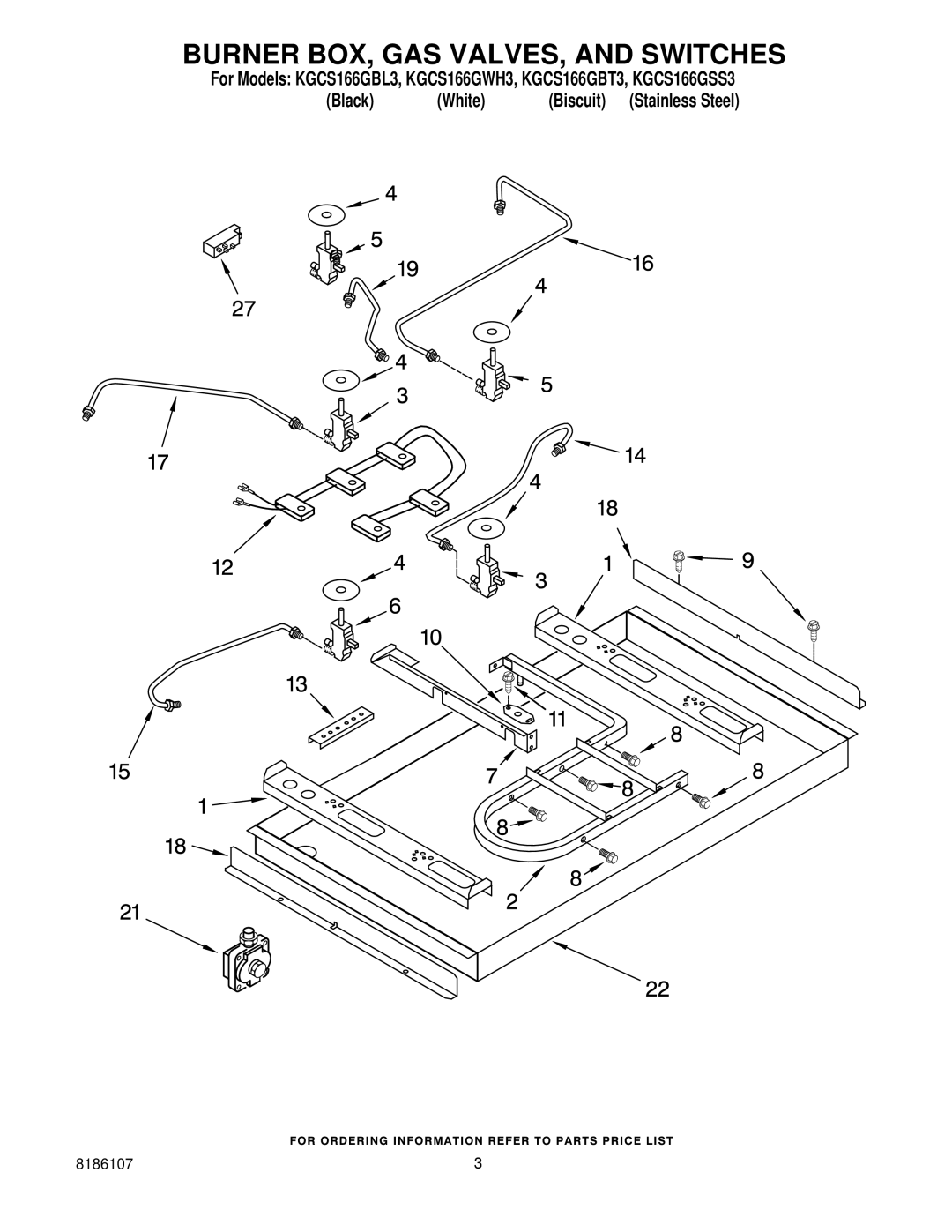 KitchenAid KGCS166GBT3, KGCS166GSS3, KGCS166GWH3, KGCS166GBL3 manual Burner BOX, GAS VALVES, and Switches 