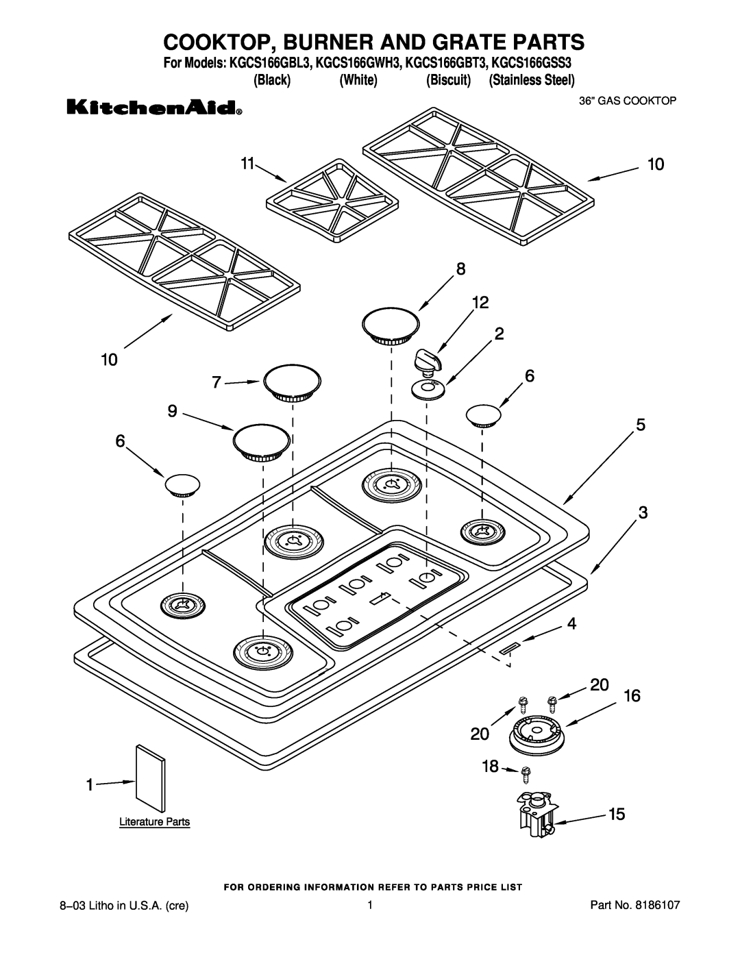 KitchenAid KGCS166GWH3 manual Cooktop, Burner And Grate Parts, Black, White, Biscuit, Stainless Steel, Gas Cooktop 