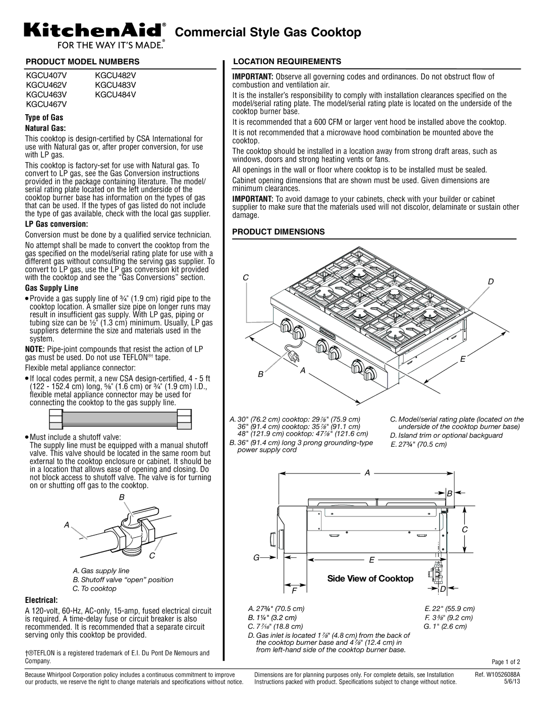 KitchenAid KGCU484V, KGCU467V, KGCU482V dimensions Product Model Numbers, Location Requirements, Product Dimensions 