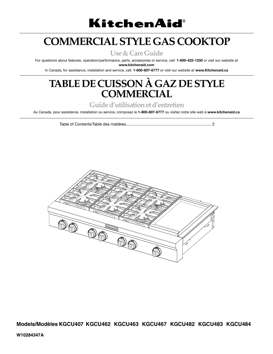 KitchenAid KGCU462, KGCU483VSS manual Commercial Style GAS Cooktop, Table of Contents/Table des matières 