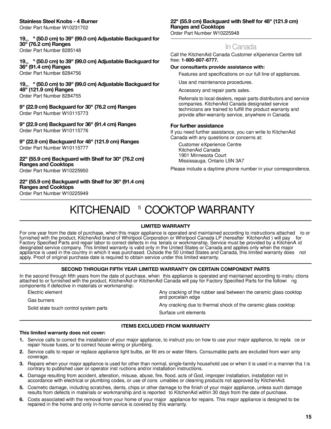 KitchenAid KGCU462, KGCU483VSS manual Kitchenaid Cooktop Warranty, Canada 