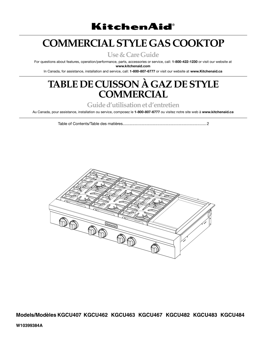 KitchenAid KGCU462, KGCU483VSS manual Commercial Style GAS Cooktop, Table of Contents/Table des matières 