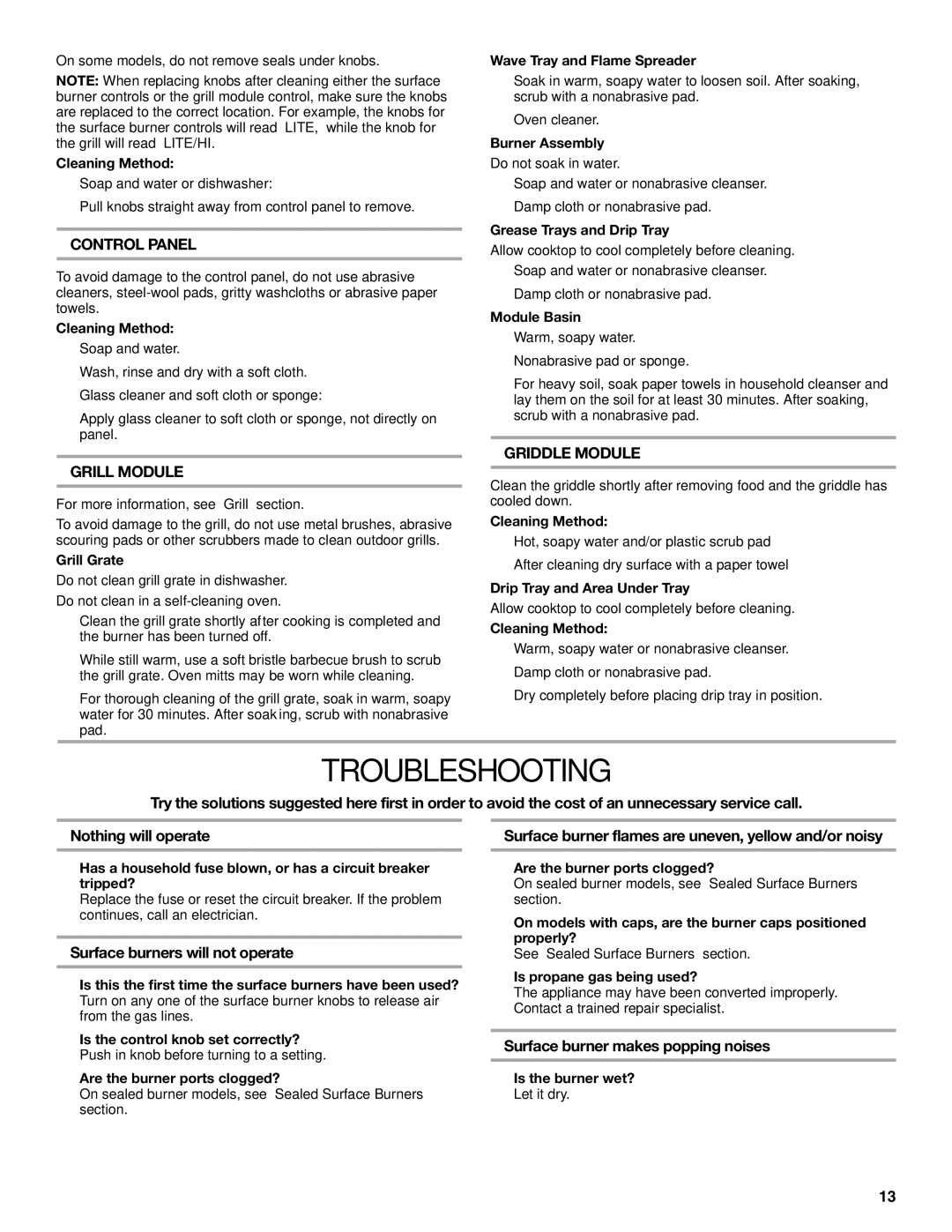 KitchenAid KGCU483VSS manual Troubleshooting, Control Panel, Grill Module, Griddle Module 