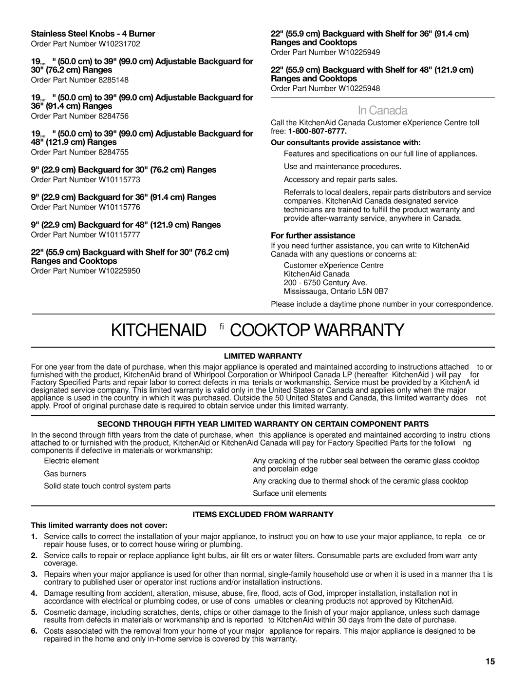 KitchenAid KGCU483VSS manual Kitchenaid Cooktop Warranty, Canada 