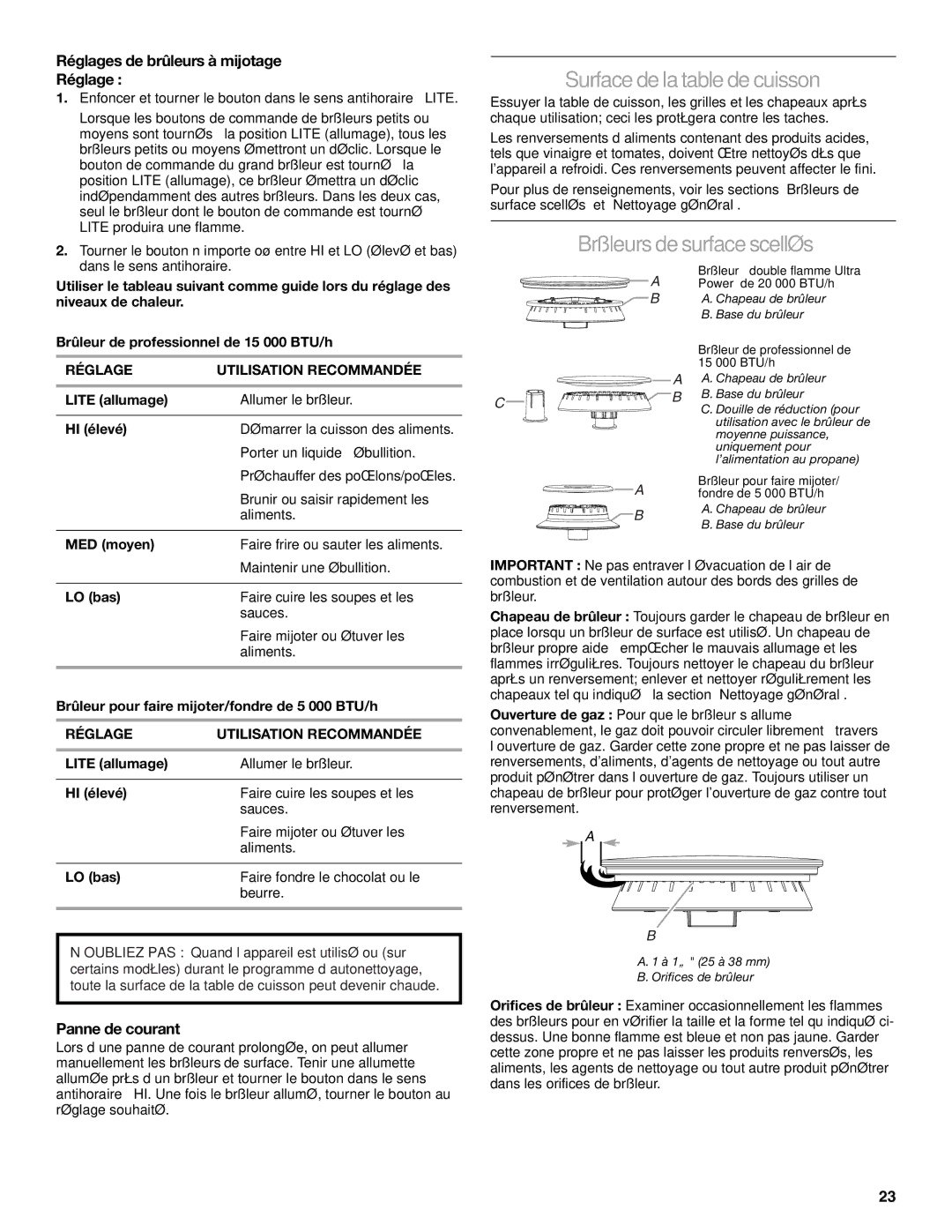 KitchenAid KGCU483VSS manual Surface delatabledecuisson, Brûleurs desurfacescellés, Réglages de brûleurs à mijotage 