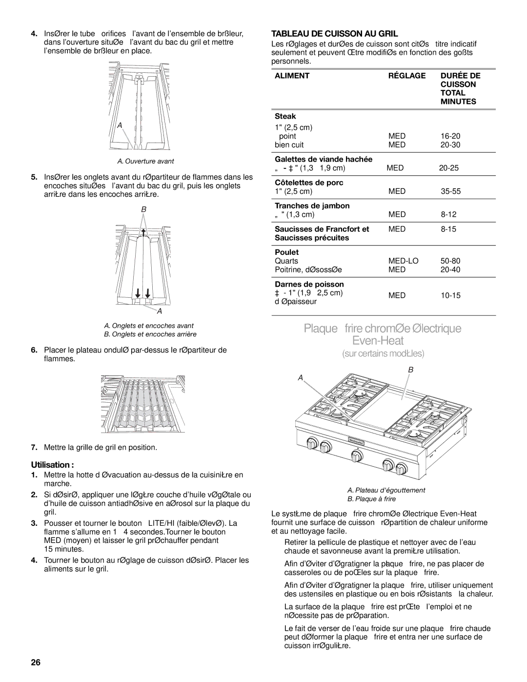 KitchenAid KGCU483VSS manual Plaqueà frire chromée électrique Even-Heat, Utilisation, Tableau DE Cuisson AU Gril 