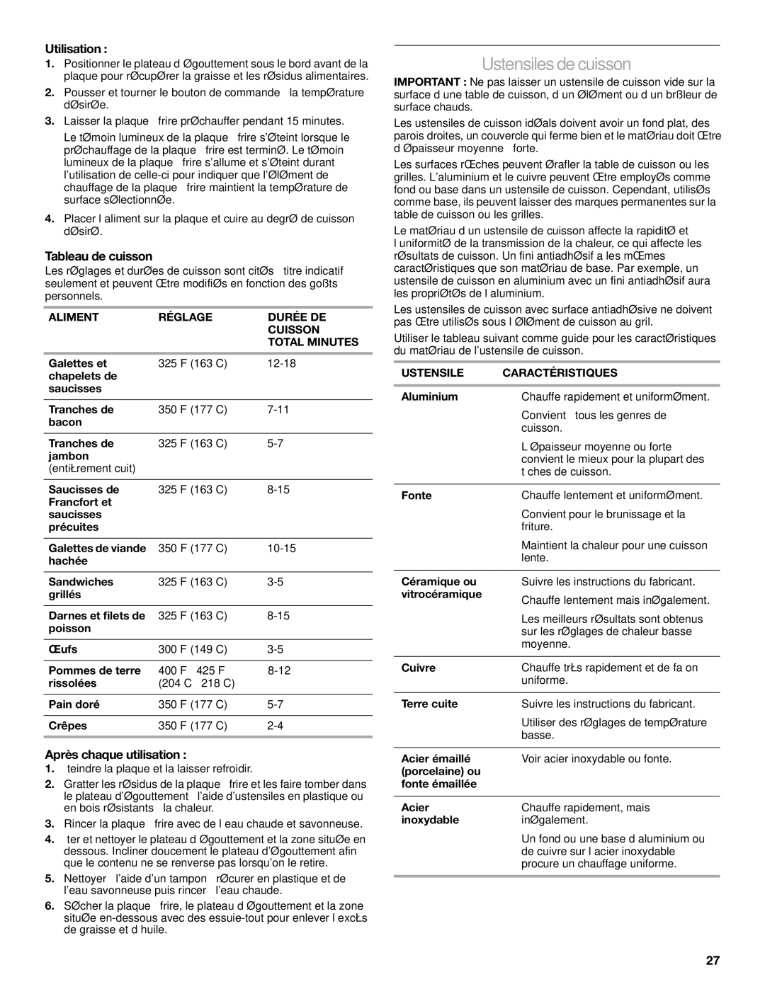 KitchenAid KGCU483VSS manual Ustensilesdecuisson, Tableau de cuisson, Après chaque utilisation, Ustensile Caractéristiques 