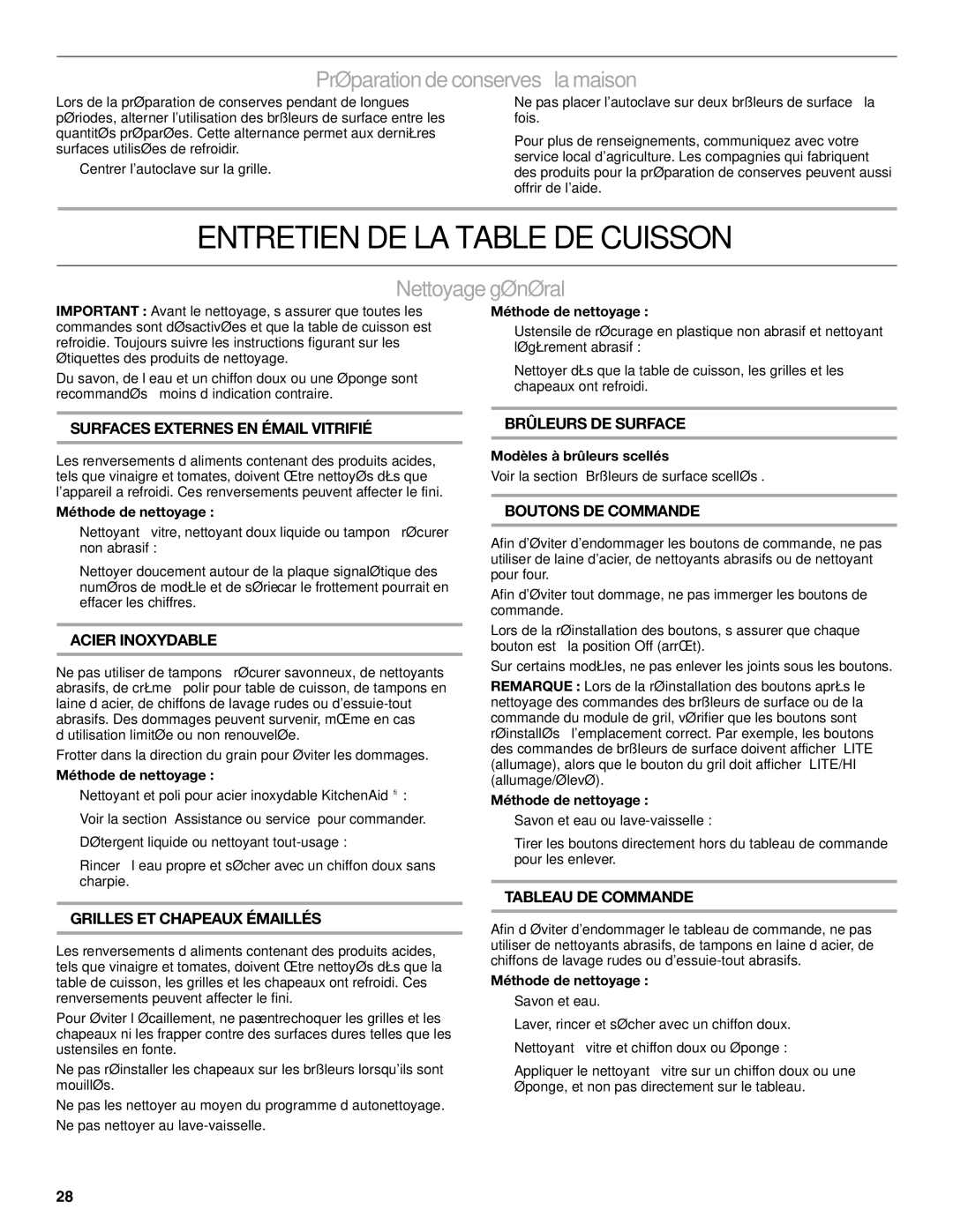 KitchenAid KGCU483VSS manual Entretien DE LA Table DE Cuisson, Préparation deconserves àlamaison, Nettoyage général 