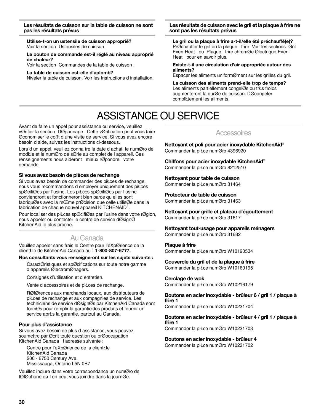 KitchenAid KGCU483VSS manual Assistance OU Service, Au Canada, Accessoires 