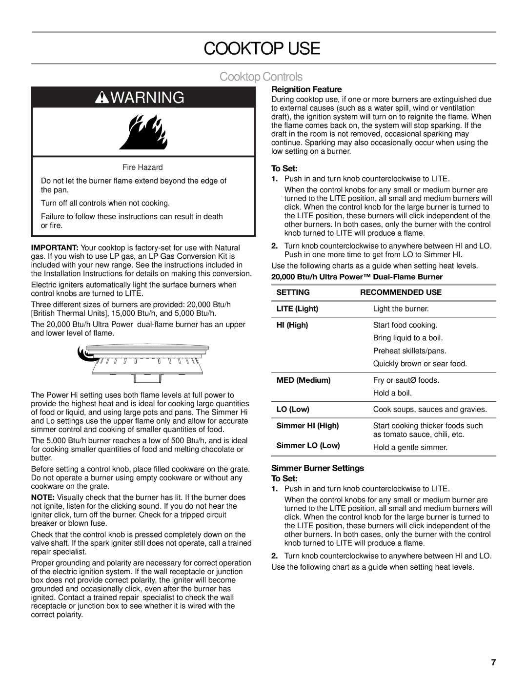 KitchenAid KGCU483VSS manual Cooktop USE, Cooktop Controls, Reignition Feature, Simmer Burner Settings To Set 