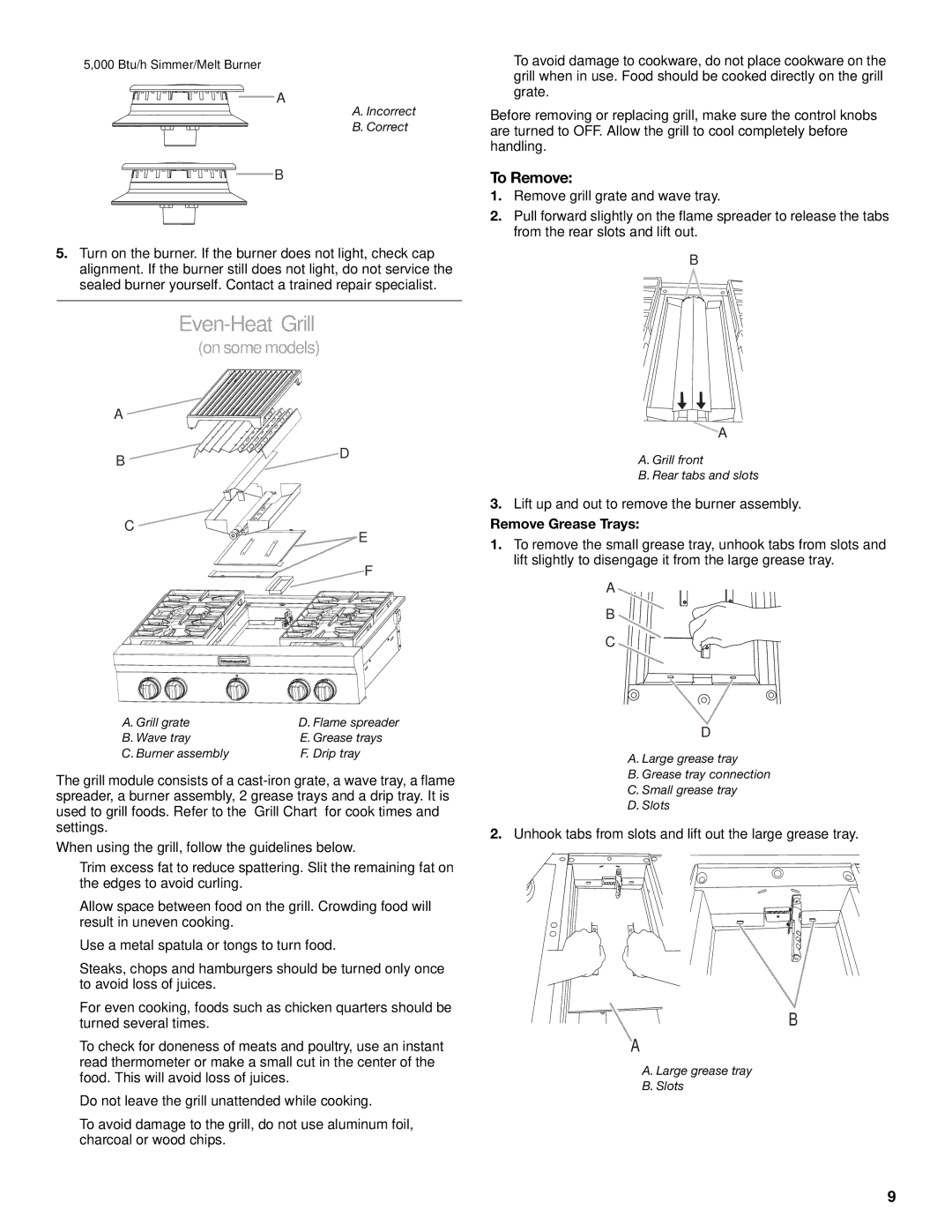 KitchenAid KGCU483VSS manual Even-Heat Grill, To Remove, Lift up and out to remove the burner assembly, Remove Grease Trays 