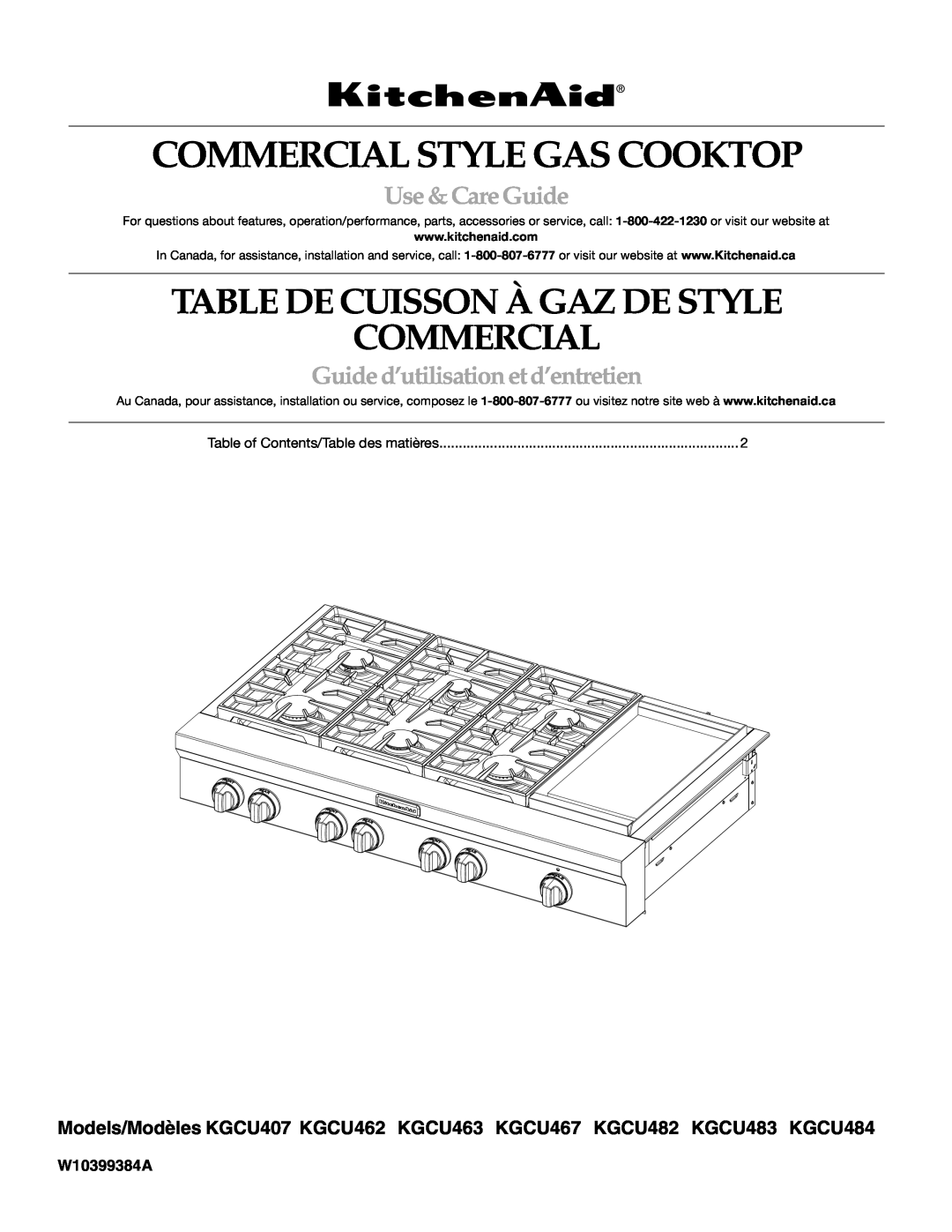 KitchenAid KGCU483VSS manual Commercial Style Gas Cooktop, Table De Cuisson À Gaz De Style Commercial, Use &CareGuide 
