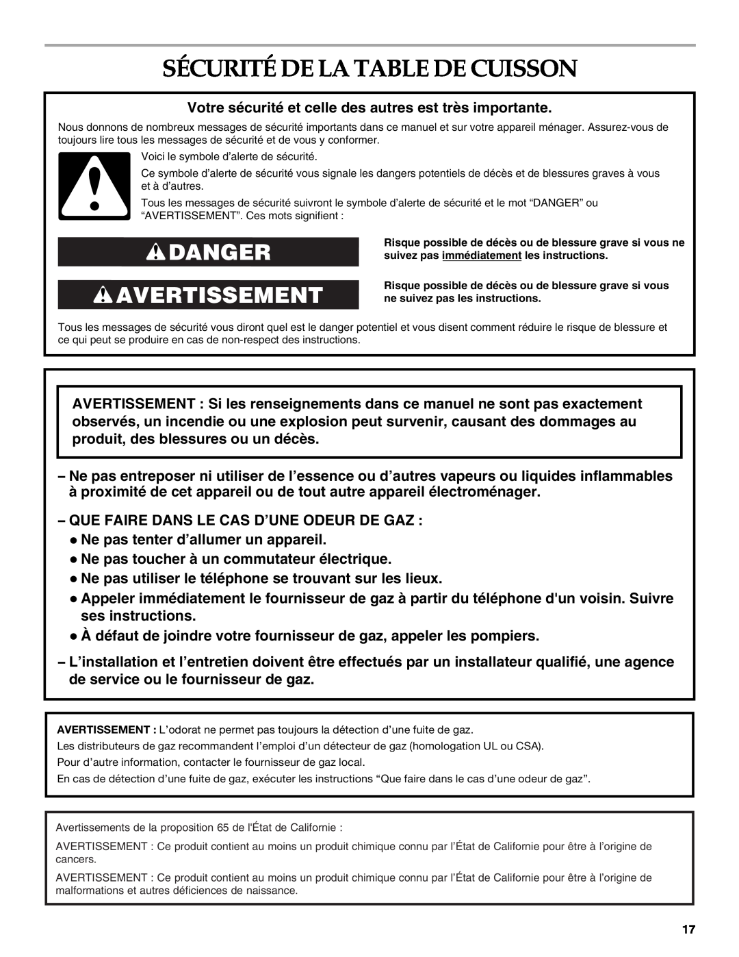 KitchenAid KGCU483VSS manual Sécurité De La Table De Cuisson, Danger Avertissement 