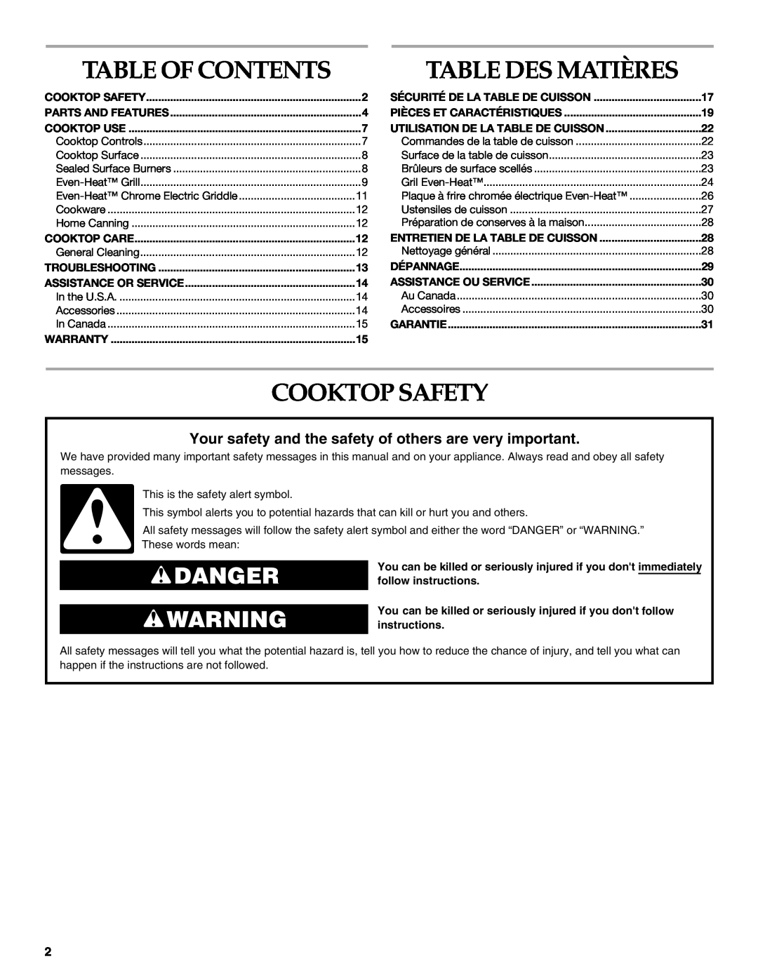 KitchenAid KGCU483VSS manual Table Des Matières, Cooktop Safety, Danger, Table Of Contents 