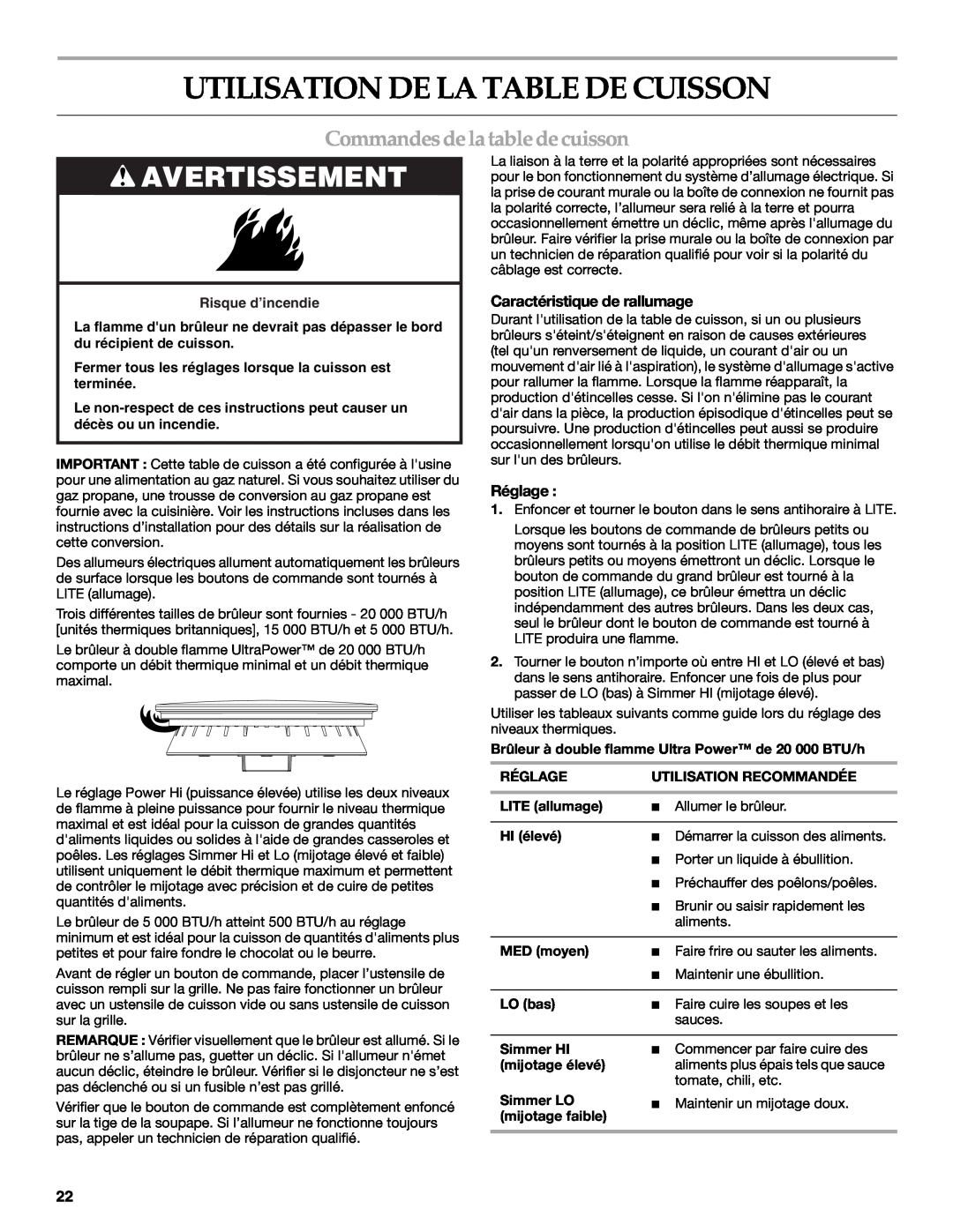 KitchenAid KGCU483VSS manual Utilisation De La Table De Cuisson, Avertissement, Commandesdela table decuisson, Réglage 