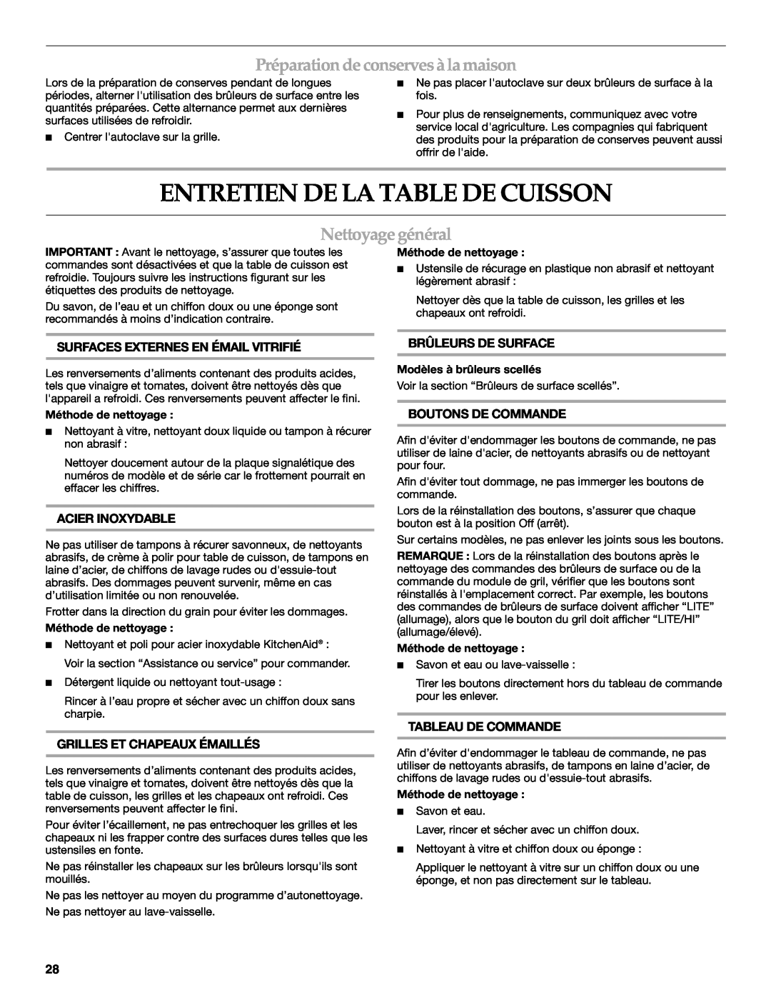 KitchenAid KGCU483VSS manual Entretien De La Table De Cuisson, Préparation deconserves àlamaison, Nettoyage général 
