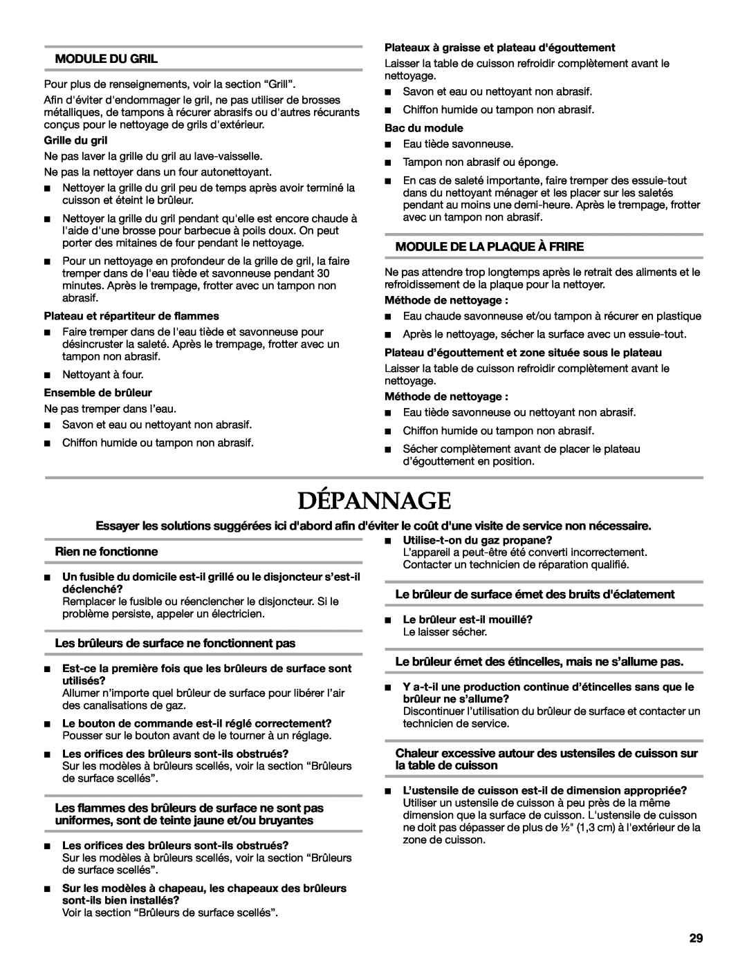 KitchenAid KGCU483VSS manual Dépannage, Module Du Gril, Module De La Plaque À Frire, Rien ne fonctionne 