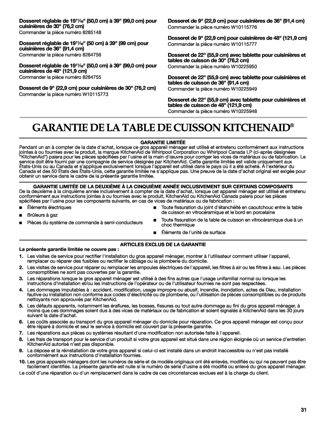 KitchenAid KGCU483VSS Garantie De La Table De Cuisson Kitchenaid, Dosseret réglable de 19¹¹⁄₁₆ 50,0 cm à 39 99,0 cm pour 