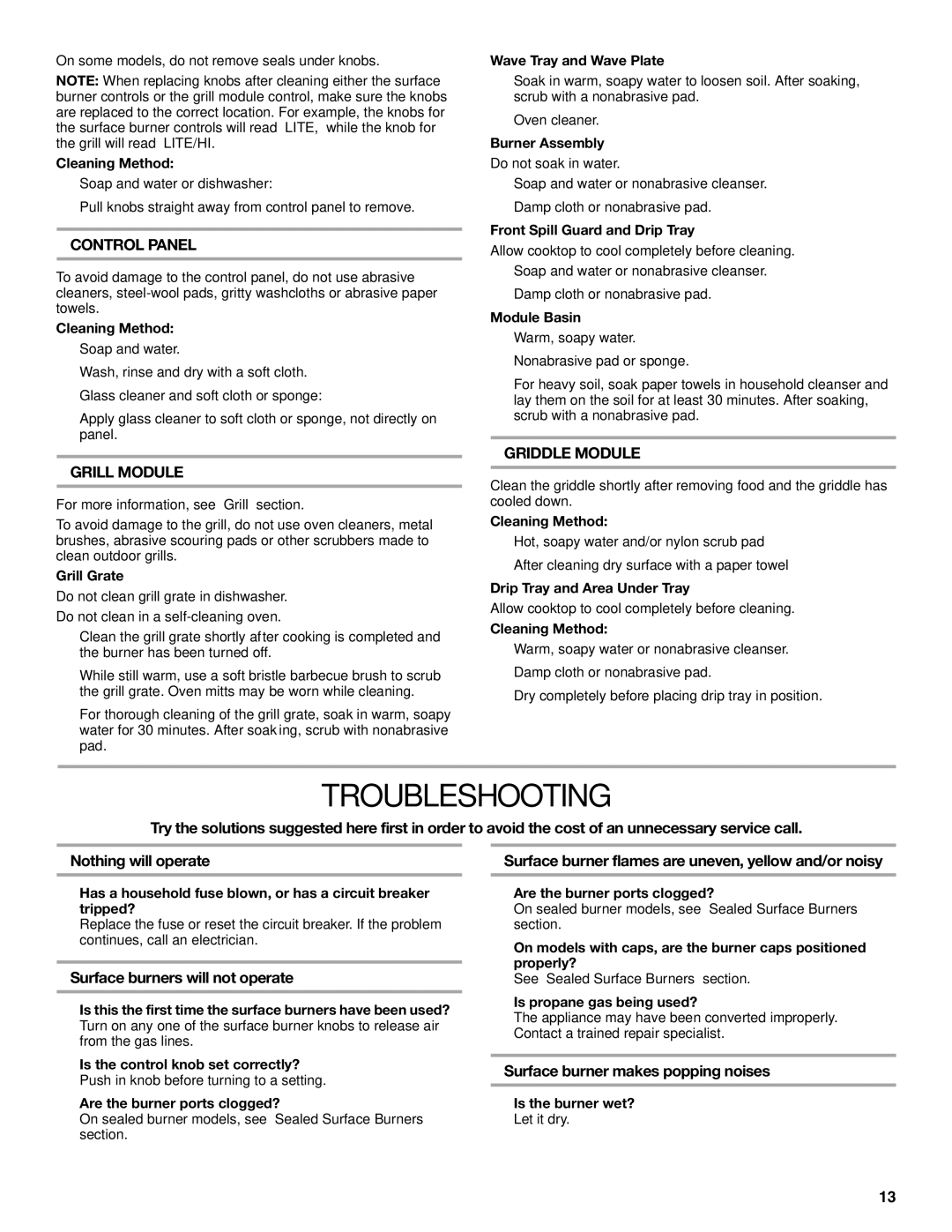 KitchenAid W10190547A, KGCU62, KGCU482, KGCU467, KGCU483, KGCU484 Troubleshooting, Control Panel, Grill Module, Griddle Module 