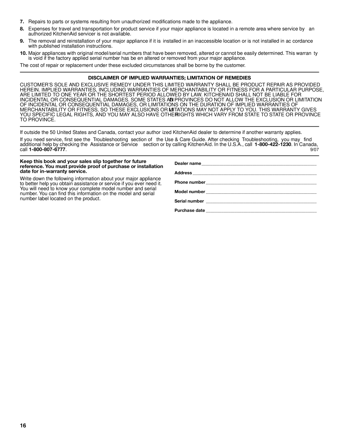 KitchenAid KGCU62, KGCU482, KGCU467, KGCU483, KGCU484, W10190547A manual Disclaimer of Implied Warranties Limitation of Remedies 