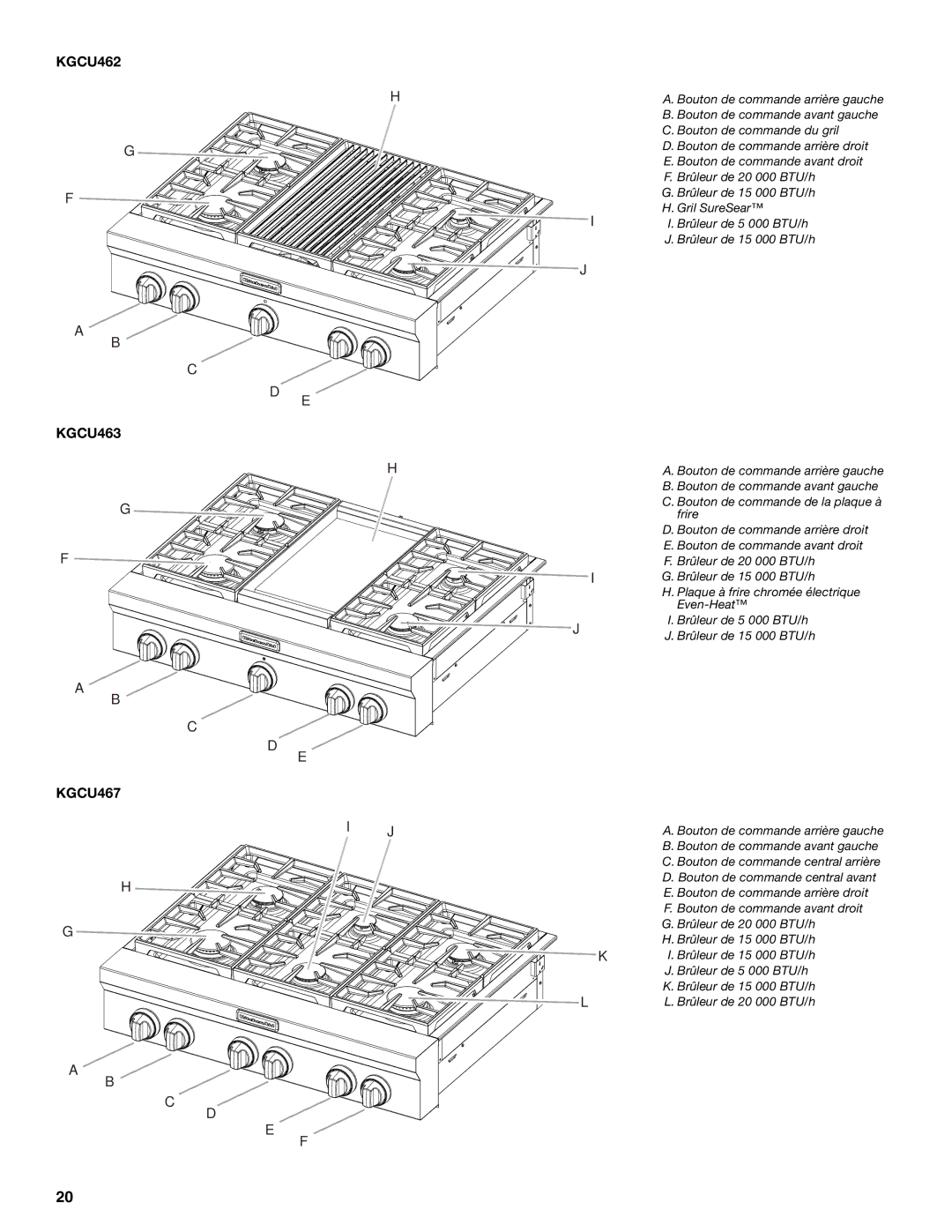 KitchenAid KGCU484, KGCU62, KGCU482, KGCU467, KGCU483, W10190547A, KGCU407, KGCU463 manual Bouton de commande du gril 