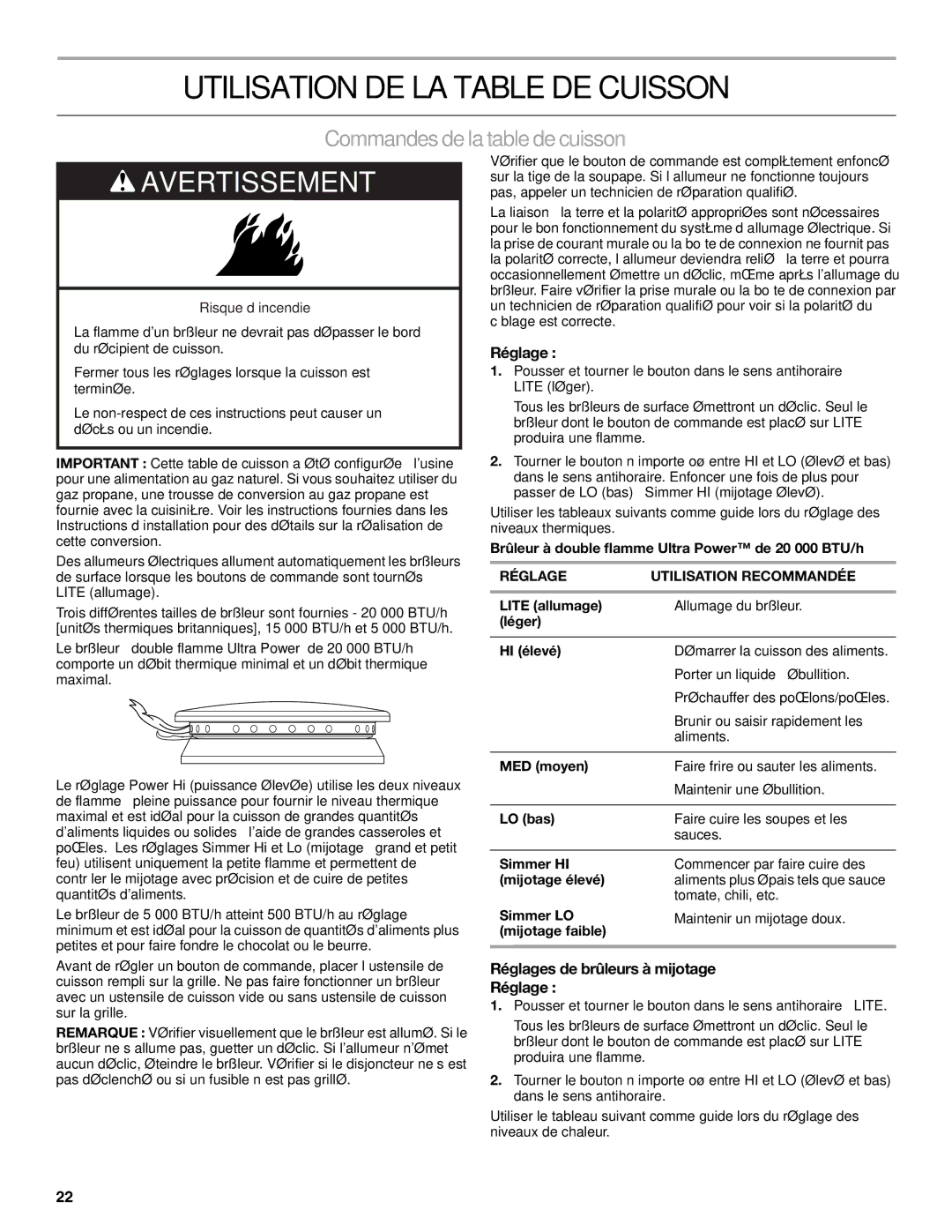 KitchenAid KGCU407, KGCU62, KGCU482, KGCU467 manual Utilisation DE LA Table DE Cuisson, Commandesdela table decuisson, Réglage 