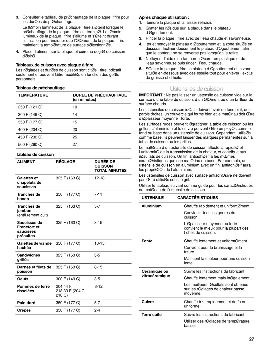 KitchenAid KGCU483, KGCU62, KGCU482 Ustensilesdecuisson, Tableaux de cuisson avec plaque à frire, Tableau de préchauffage 