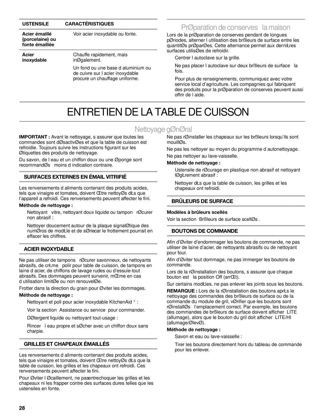 KitchenAid KGCU484, KGCU62 manual Entretien DE LA Table DE Cuisson, Préparation deconserves à la maison, Nettoyage général 