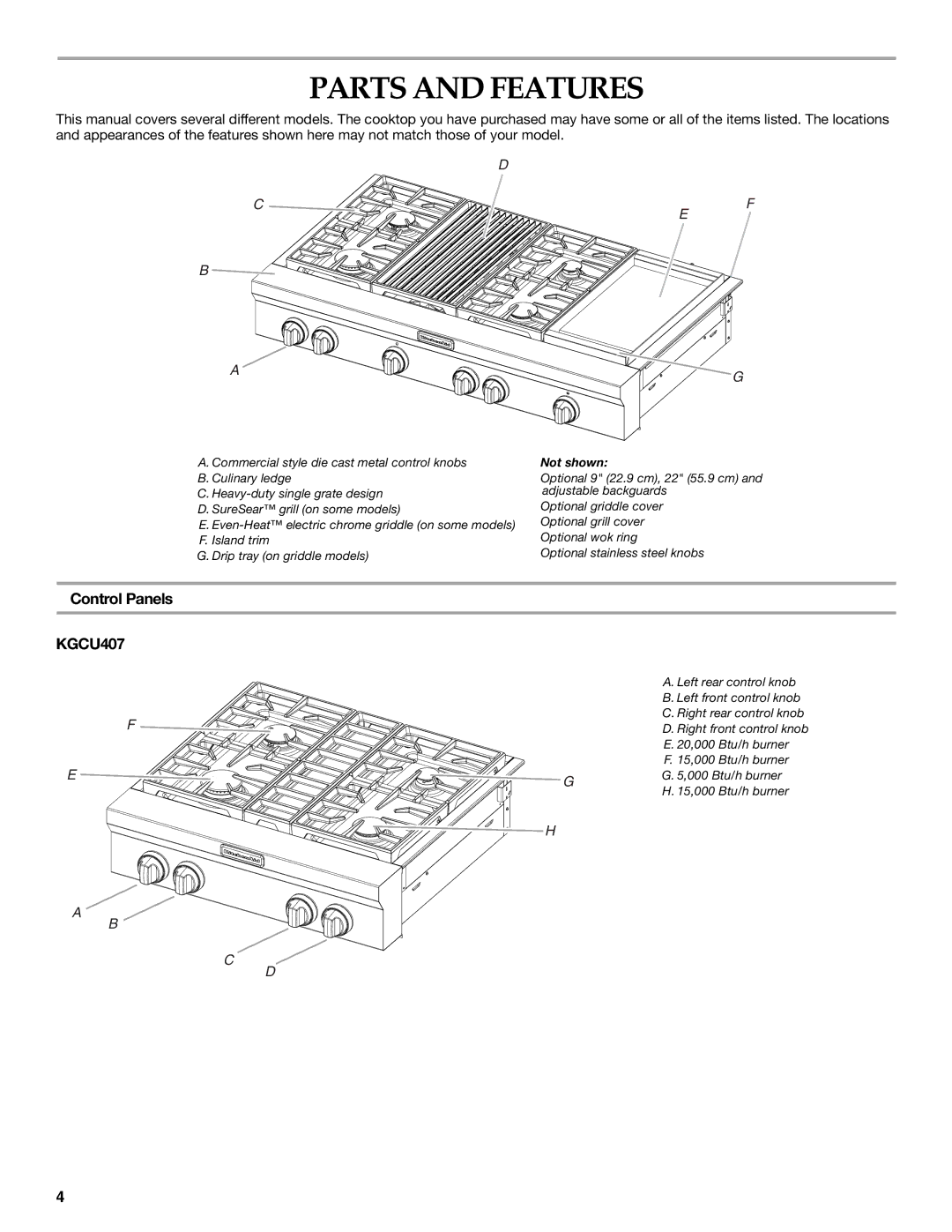 KitchenAid KGCU484, KGCU62, KGCU482, KGCU467, KGCU483, W10190547A, KGCU463 manual Parts and Features, Control Panels, KGCU407 