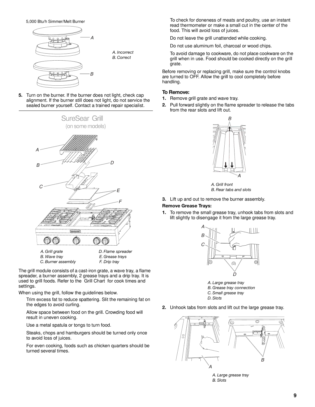 KitchenAid KGCU482, KGCU62, KGCU467, KGCU483, KGCU484, W10190547A, KGCU407 manual SureSear Grill, To Remove, Remove Grease Trays 