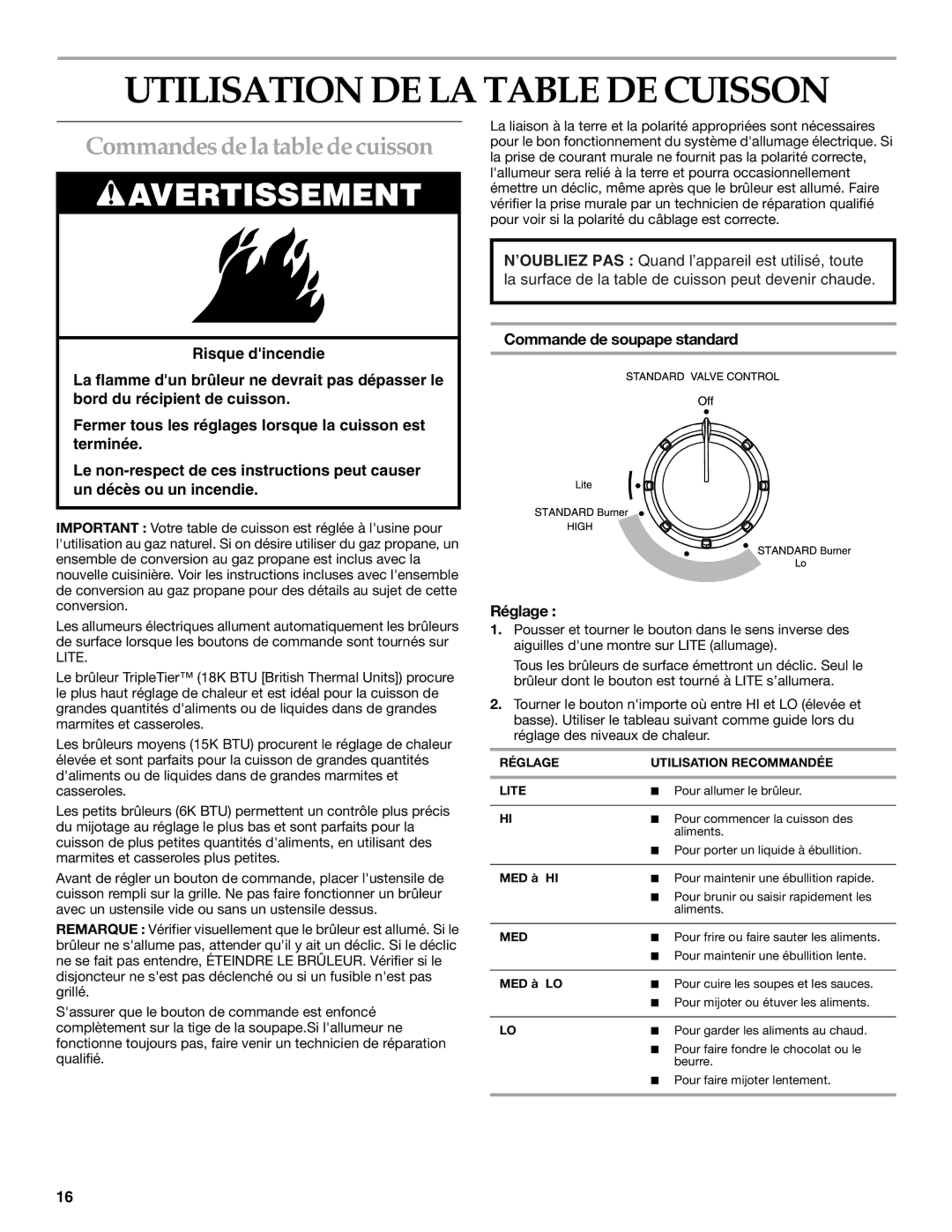 KitchenAid KGCV465 manual Utilisation DE LA Table DE Cuisson, Commandes de la table de cuisson 