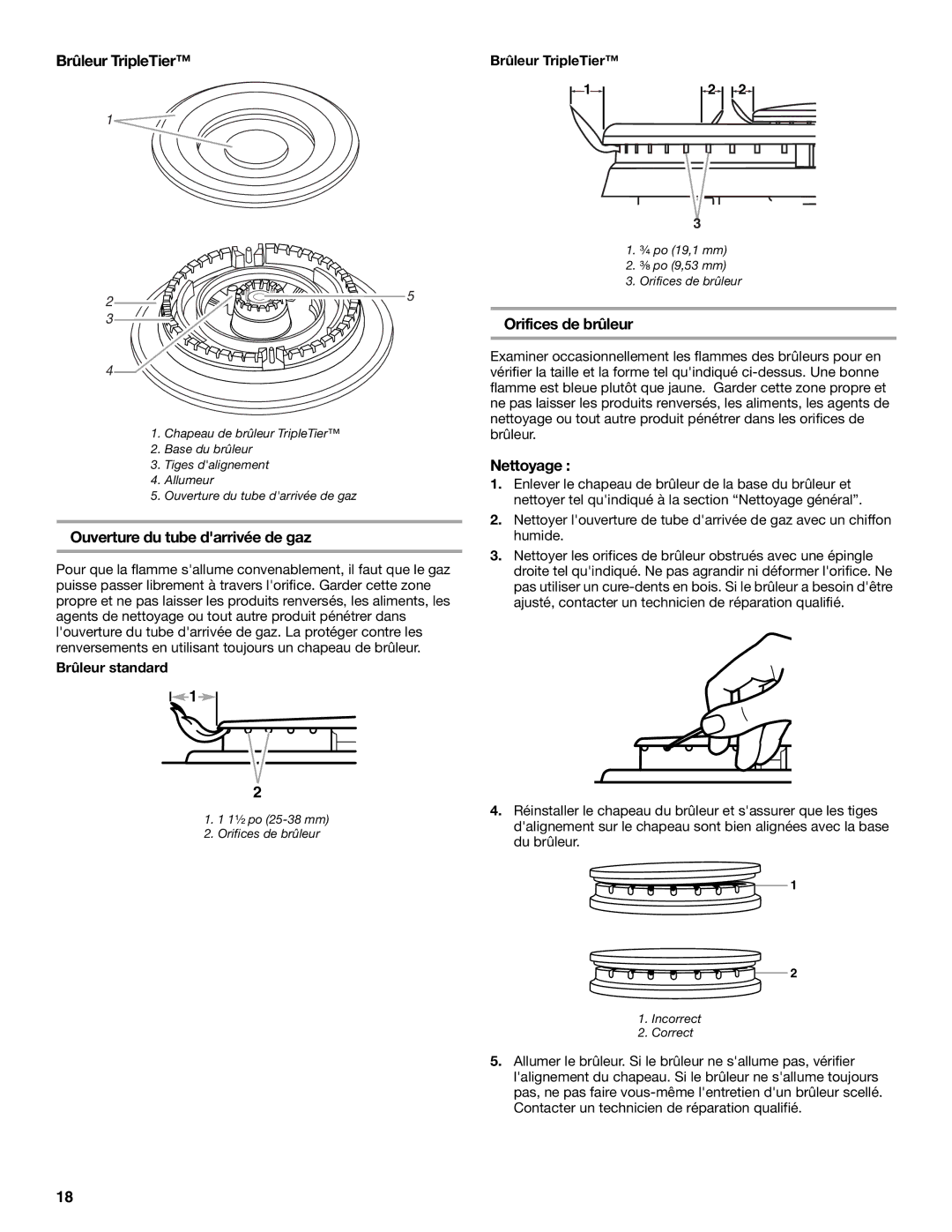 KitchenAid KGCV465 manual Brûleur TripleTier, Ouverture du tube darrivée de gaz, Orifices de brûleur, Nettoyage 