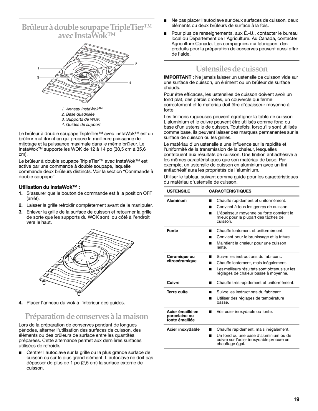 KitchenAid KGCV465 manual Brûleur àdouble soupape TripleTier Avec InstaWok, Préparation de conserves à la maison 